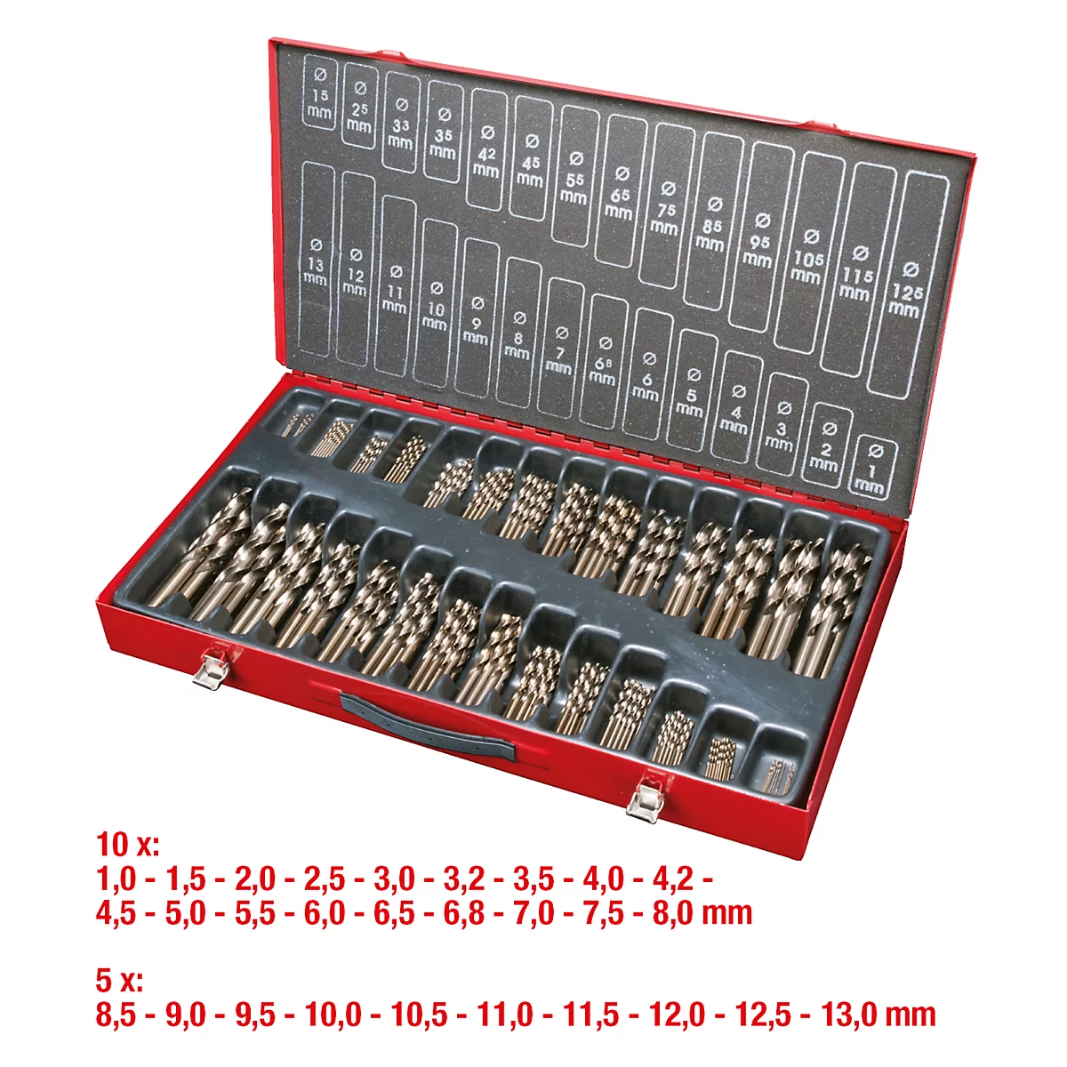 Offener roter Werkzeugkoffer mit Bohrer-Set. Beschriftung: 10 x 1,0-8,0 mm, 5 x 8,5-13,0 mm. Aufschriften in mm.